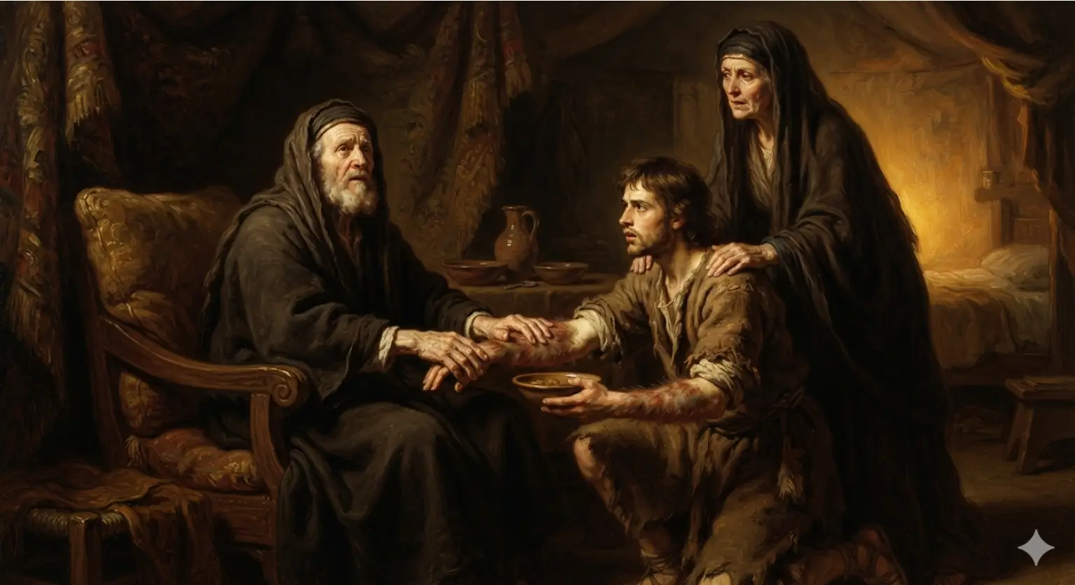 An elderly, blind Isaac sits upright in his bed within a dimly lit, ancient desert tent, reaching out his hands to deliver a patriarchal blessing. Kneeling before him is his son Jacob, who is wearing rough animal skins over his hands and neck to deceive his visually impaired father into thinking he is his hairy brother, Esau. In the shadowed background, Rebekah peeks through a draped fabric partition, watching the unfolding deception with an anxious and intent expression. Warm, dramatic light from a single source illuminates the focal point of the hands, casting long shadows and emphasizing the intense, solemn atmosphere of the historic betrayal.
