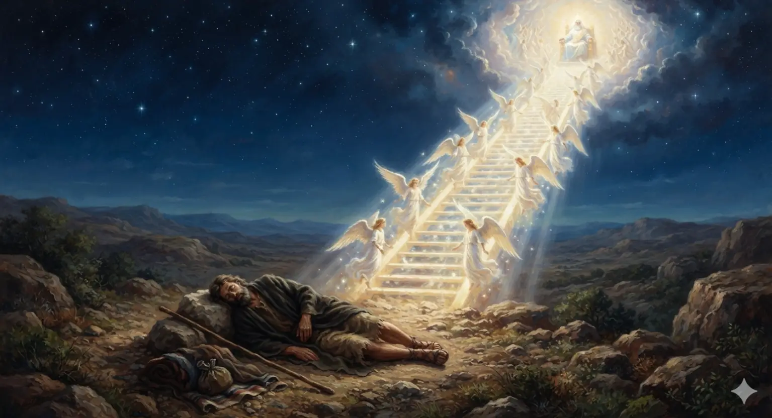 An oil painting depicting the biblical scene of Jacob's dream from Genesis Chapter 28. At the bottom of the frame, Jacob is asleep on the rocky ground of Haran, resting his head against a large stone used as a pillow. Extending from the earth right beside him is a massive, majestic stairway made of brilliant golden light that stretches up into a swirling, luminous opening in the dark night sky. Radiant celestial angels, enveloped in soft white glow, are seen actively ascending and descending the steps. The top of the stairway dissolves into an intense, warm divine light, symbolizing the presence of God and the establishment of the heavenly covenant with earth.