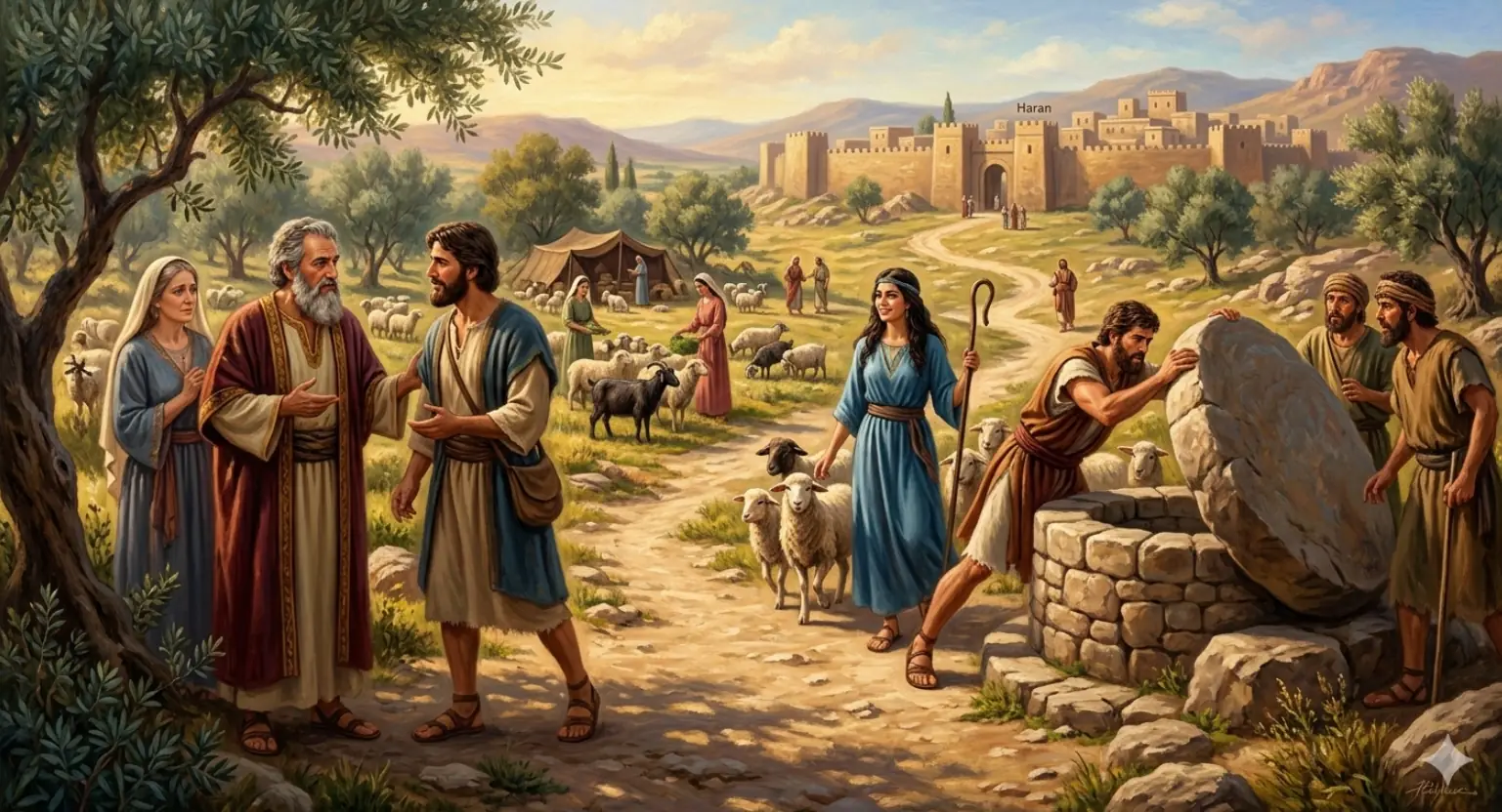 An oil painting illustrating the pivotal narrative of Genesis Chapter 29, capturing the theme of providential meetings and the beginning of Jacob's long labor. In the center of a sun-drenched, rustic landscape sits a large, ancient stone well. The massive stone cover has been rolled away from its mouth, revealing glimmering water inside. A young woman, Rachel, stands near the well with a gentle and surprised expression, holding a wooden staff while her small flock of sheep gathers nearby to drink. Standing across from her is Jacob, looking weary but deeply moved from his long journey from Beersheba. He gazes at her with an expression of profound awe, reverence, and emotion, capturing the exact moment their paths cross in Haran under a warm, clear sky.