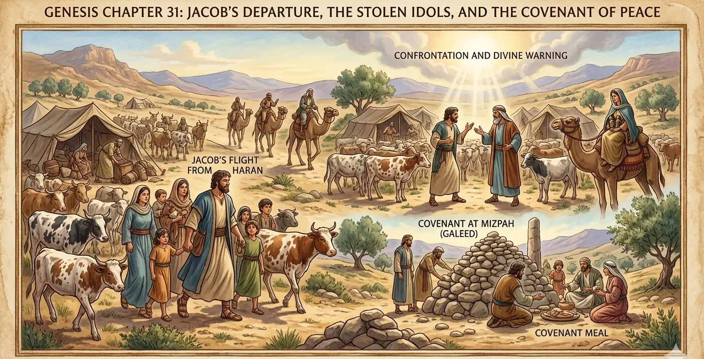 An oil-painting style illustration capturing the focal resolution of Genesis Chapter 31 in a rugged mountain setting. In the center, Jacob and his father-in-law, Laban, stand facing each other in reconciliation after a tense confrontation. Between them sits a newly built heap of rough-cut stones with a single large stone pillar erected as a monumental witness to their pact. Both men wear traditional, weathered ancient Near Eastern robes and sandals. In the background, the soft glow of a late afternoon sun illuminates the vast, hilly landscape of Gilead, where Jacob's traveling family, packed camels, and large flocks of sheep wait peacefully.